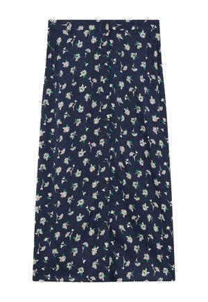 Falda midi azul marino con botones delanteros, estampado floral de margaritas blancas y sutiles puntos texturizados en toda la tela.