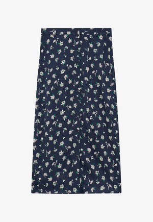 Falda midi azul marino con botones delanteros, estampado floral de margaritas blancas y sutiles puntos texturizados en toda la tela.