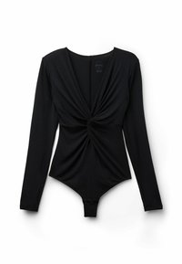 Černý bodysuit s dlouhým rukávem a zkrouceným předním designem, vyrobený z měkké látky. Má zapínání na patentky ve spodní části pro snadné oblékání.