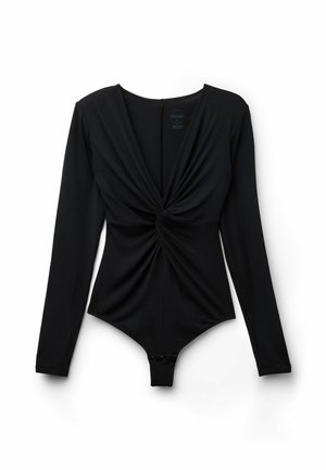 Svart långärmad bodysuit med en vriden framdesign, tillverkad av mjukt tyg. Har en tryckknappsöppning i nederkant för enkel påtagning.