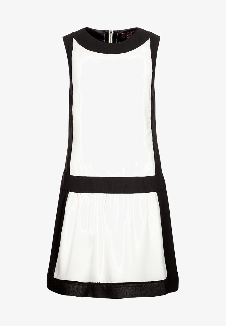 Robe sans manches avec un corps blanc et des accents noirs. Encolure arrondie, corsage ajusté et jupe évasée avec une taille cintrée. Fermeture éclair.