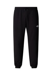 Zwarte joggingsbroek van zacht materiaal. Kenmerkt zich door een elastische tailleband met een koord, elastische boorden en een klein wit logo op de bovenbeenspier.