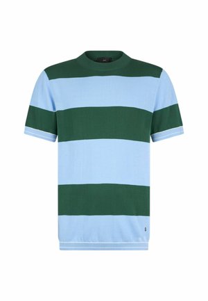 Camiseta de manga corta a rayas en verde y azul claro con cuello redondo. Tejido de punto con puños y dobladillo acanalados en contraste.