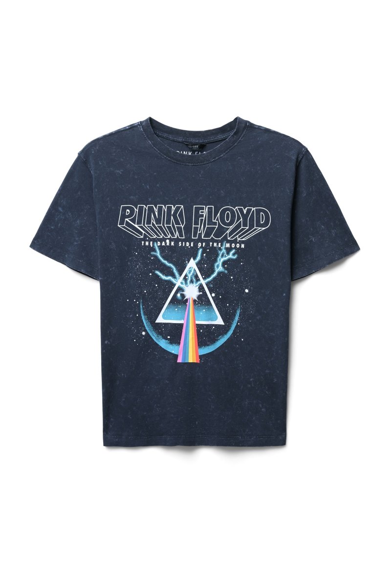 T-shirt nera in cotone con stampa grafica raffigurante un triangolo con raggi arcobaleno, dettagli blu e le parole "Pink Floyd" e "The Dark Side of the Moon."
