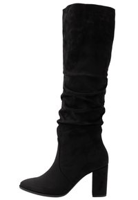 Black knee-high boots made of soft faux suede, featuring a ruched design, pointed toe, and a chunky block heel.