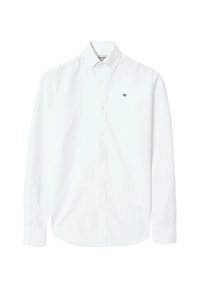 Camicia bianca a maniche lunghe in cotone. Presenta un colletto standard e un piccolo logo blu navy sul lato sinistro del petto.