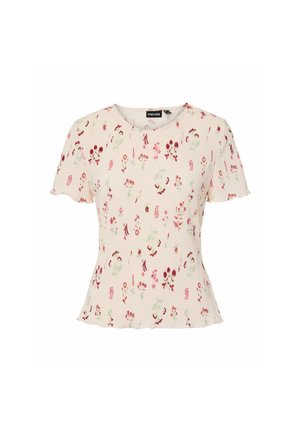 Blusa crema a maniche corte con piccolo motivo floreale rosa e rosso, scollo rotondo e orlo e bordi delle maniche leggermente arricciati.