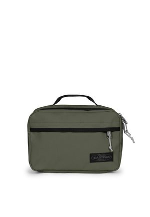 Trousse de toilette rectangulaire compacte vert olive avec poignée noire, poche zippée frontale et écusson logo Eastpak en bas à droite sur le devant.