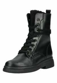 Black leather lace-up ankle boot with thick textured sole and soft fleece lining visible at the top edge.