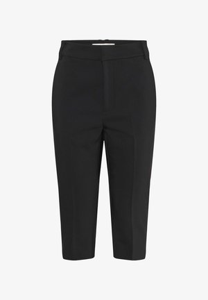 Sorte skræddersyede korte bukser med bæltestropper og foran lynlås, vist mod en hvid baggrund.