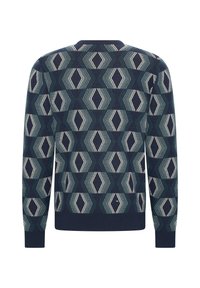 Navy patterned sweater featuring geometric diamond shapes in teal and cream, with ribbed cuffs and hem. Soft texture, crew neckline.