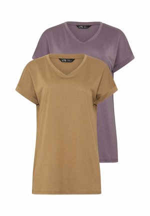 Zwei kurzärmelige V-Ausschnitt-T-Shirts, eines beige vorne und eines lila hinten, auf weißem Hintergrund dargestellt.