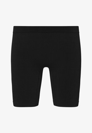 Shorts noirs ajustés avec une texture lisse, une taille élastique et une longueur mi-cuisse. Présentent des coutures minimales et un design épuré.