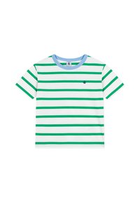 Ριγέ μπλουζάκι σε λευκό με πράσινες οριζόντιες ρίγες, με ανοιχτό μπλε ριμπ λαιμόκοψη και μικρό λογότυπο στο αριστερό στήθος. Υλικό από βαμβάκι.