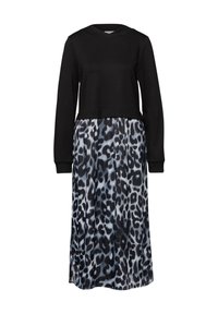 Svart topp med lång ärm, med en kortad design; fäst flödande kjol har ett grått och svart leopardmönster.