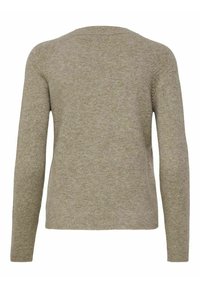 Maglione marrone chiaro, realizzato in morbido tessuto lavorato a maglia, con scollatura a girocollo, maniche lunghe e polsini e orlo a coste, caratterizzato da una superficie liscia.