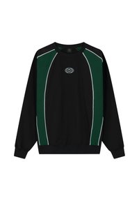 Zwarte sweatshirt met groene accenten en witte bies. Heeft een ronde halslijn en geribbelde manchetten, met een logo op de borst.