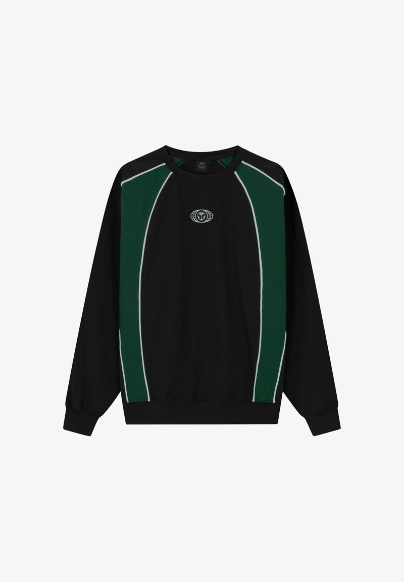 Zwarte sweatshirt met groene accenten en witte bies. Heeft een ronde halslijn en geribbelde manchetten, met een logo op de borst.