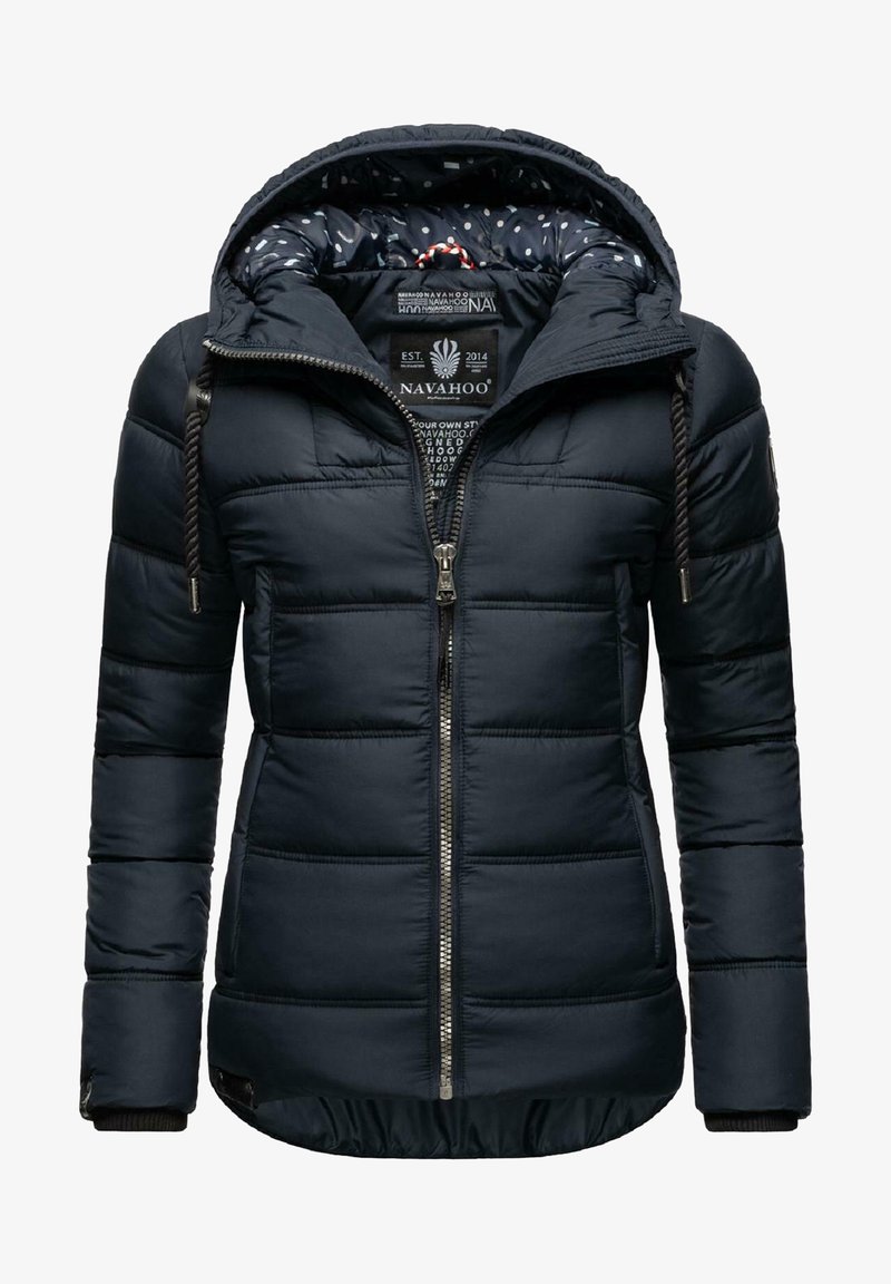 Navy puffer jacket with a zip front, hood, and ribbed cuffs. Features contrasting polka dot lining and logo on the sleeve. Quilted texture.