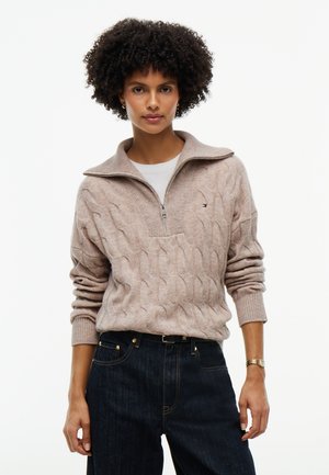 Tommy Hilfiger, PURE WOOL CABLE KNIT QUARTER-ZIP JUMPER - Пуловер - light camel heather