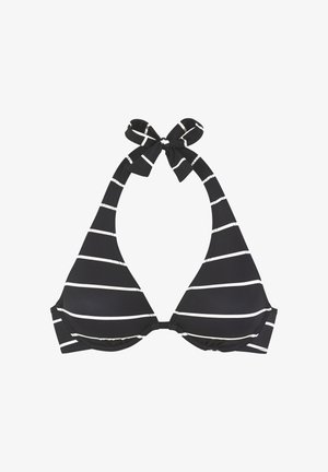 Melna trīsstūra formas bikini topiņš ar baltām svītrām, ar kakla saitēm un plānām siksniņām. Gluda tekstūra ar nedaudz mīkstinātu iekšpusi.