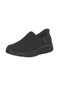 Schwarzer Slipper aus strukturiertem Stoff mit flexibler Gummisohle. Verfügt über eine abgerundete Zehenpartie und ein minimalistisches Design ohne Schnürsenkel.