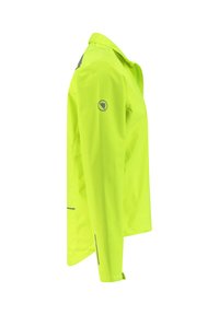 Helle gelbe wasserdichteJacke mit einem eleganten Design. Verfügt über reflektierende Akzente und einen Kragen, hergestellt aus leichtem Material.