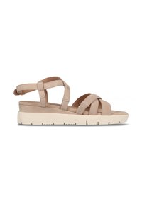 Beige Wildledersandale mit gekreuzten Riemen und verstellbarem Knöchelriemen. Mit einer breiten, leichten, cremefarbenen Sohle für zusätzlichen Komfort.