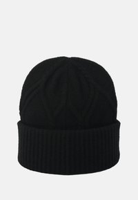 Gorro de punto negro con ribete acanalado, que presenta un patrón texturizado en la parte superior y una apariencia suave, similar a la lana.