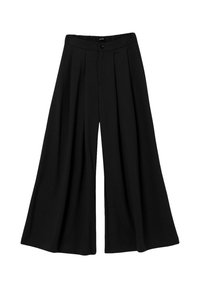 Pantaloni neri a gamba larga con un design plissettato, vita elastica e chiusura a bottone singolo. Realizzati in un morbido e liscio tessuto.