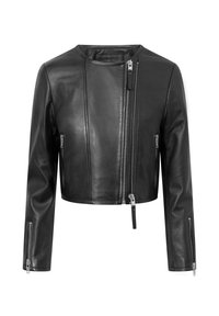 Giacca cropped nera in pelle con collo alto, chiusura frontale con zip e tasche con zip. Texture liscia con dettagli in metallo argentato.