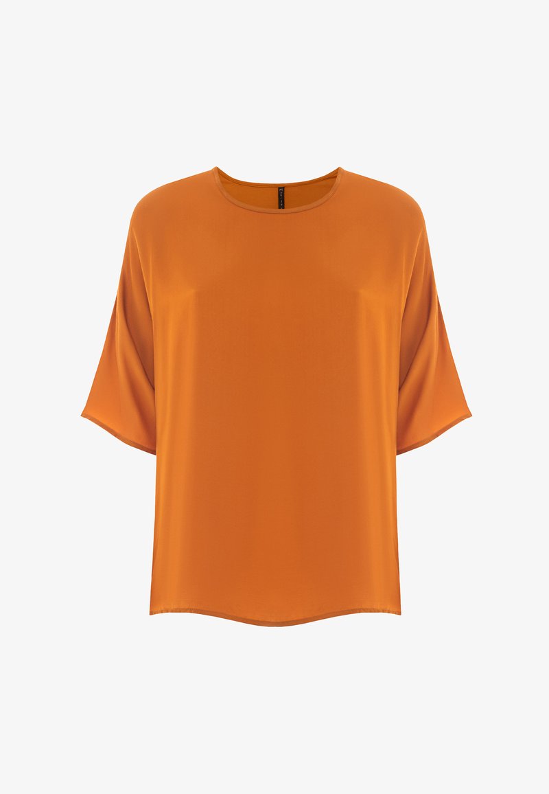 Kurzärmeliges Oberteil in leuchtendem Orange, aus glattem Stoff. Mit einem runden Halsausschnitt und einem lockeren Schnitt mit weichen Drapierungen.