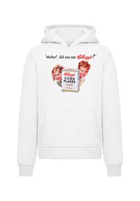Weißer Hoodie mit einem Vordergrafik, die zwei Kinder und eine Kellogg's Corn Flakes-Packung mit Retro-Schriftzug und Illustration zeigt.