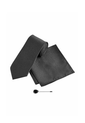 Black patterned necktie and matching pocket square with a teardrop-shaped black lapel pin on a white background.