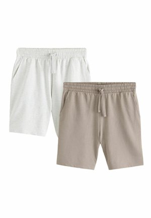 Zwei Paare lässige Shorts mit elastischen Taillenbändern und Kordelzügen, ein hellgraues und ein beiges Paar, flach auf einem weißen Hintergrund liegend.