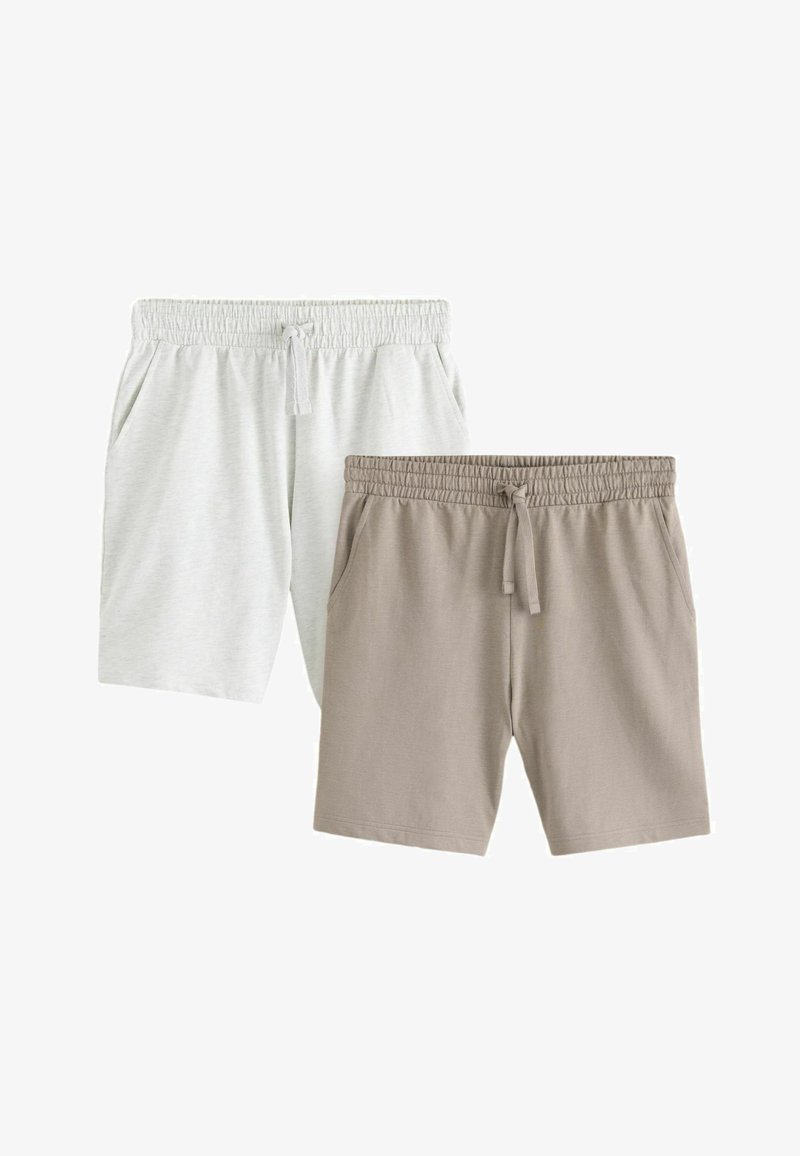 Deux paires de shorts décontractés avec ceintures élastiques et cordons de serrage, l'une gris clair et l'autre beige, posées à plat sur un fond blanc.