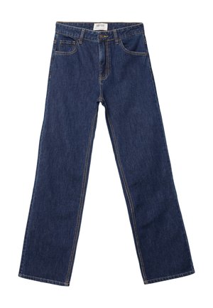 Dark blue straight-leg jeans with front pockets, belt loops, and a button closure.