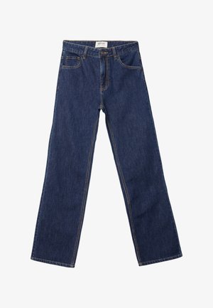 Dunkelblaue gerade Jeans mit Fronttaschen, Gürtelschlaufen und einem Knopfverschluss.