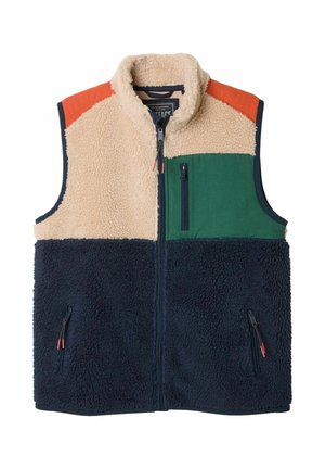 Ärmellose Fleeceweste mit Blockfarben in Creme, Marine, Grün und Orange, ausgestattet mit hohem Kragen und Reißverschlusstaschen vorne.
