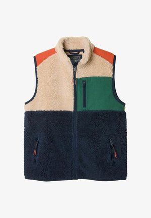 Ärmellose Fleeceweste mit Blockfarben in Creme, Marine, Grün und Orange, ausgestattet mit hohem Kragen und Reißverschlusstaschen vorne.