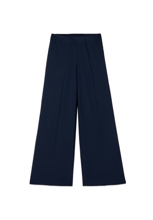 Granatowe spodnie o szerokich nogawkach z płaskim paskiem, plisami z przodu i luźnym, zwiewnym krojem.