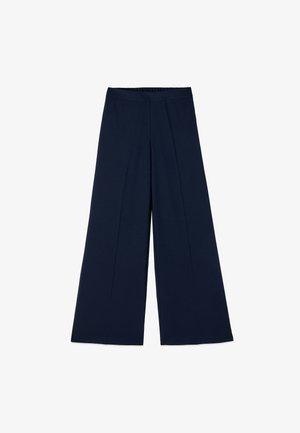Navyblauwe wijde broek met een platte tailleband, plooien aan de voorkant en een losse, vloeiende pasvorm.