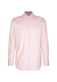 Camicia a maniche lunghe rosa chiaro con bottoni frontali, colletto classico e stampa floreale accentata all'interno del colletto. Tessuto morbido.