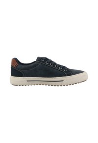 Sneakers blu navy con tomaia in pelle liscia, suola in gomma bianca e rifinitura in pelle marrone sul tallone. Design con lacci e dettagli di cucitura.