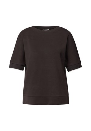 T-shirt noir à manches courtes fabriqué à partir d'un tissu lisse et doux. Col rond, coupe décontractée et finition blanche contrastante sur les manches.