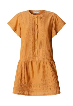 Vestido naranja de manga corta con botones al frente, detalles de encaje, escote redondo y falda fruncida en el dobladillo.