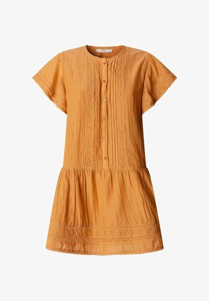 Lühikeste varrukatega oranž kleit ees nööpidega, pitsilise detailinguga, ümara kaelusega ja kogutud seelikualusega.