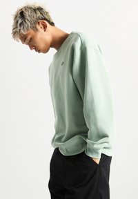 Sudadera verde clara de material suave, con cuello redondo y puños acanalados. Combinada con pantalones negros, mostrando un ajuste holgado.