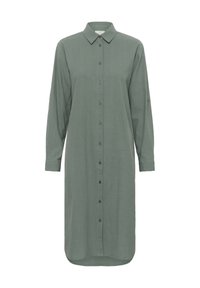 Robe à manches longues avec col, confectionnée en tissu vert texturé et à ourlet arrondi ; présente des détails de boutons le long de l'avant et des manches.