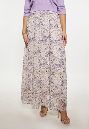Maxi rok van lichte stof met een bloemenpatroon in paarse, gele en crèmekleurige tinten, voorzien van een elastische tailleband en een vloeiende snit.